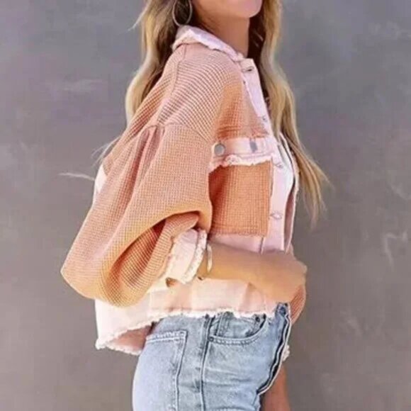 Waffle Knit Patchwork Button Down Light Jacket Sweater Pink/Cream - Picture 3 of 4